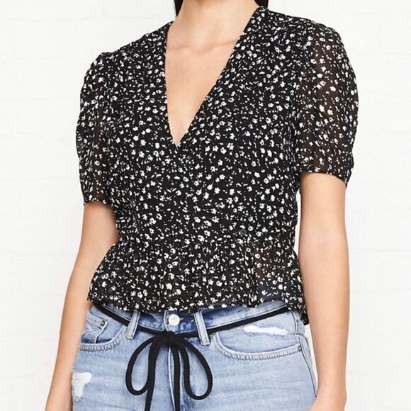 Allsaints Black Floral Surplice Ilia Pippa Wrap Top size 2 - Picture 2 of 8